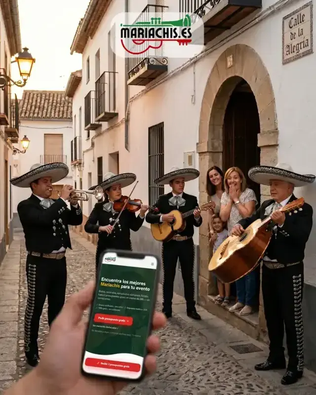 Grupo de mariachis con trajes de charro tocando música en vivo en una celebración